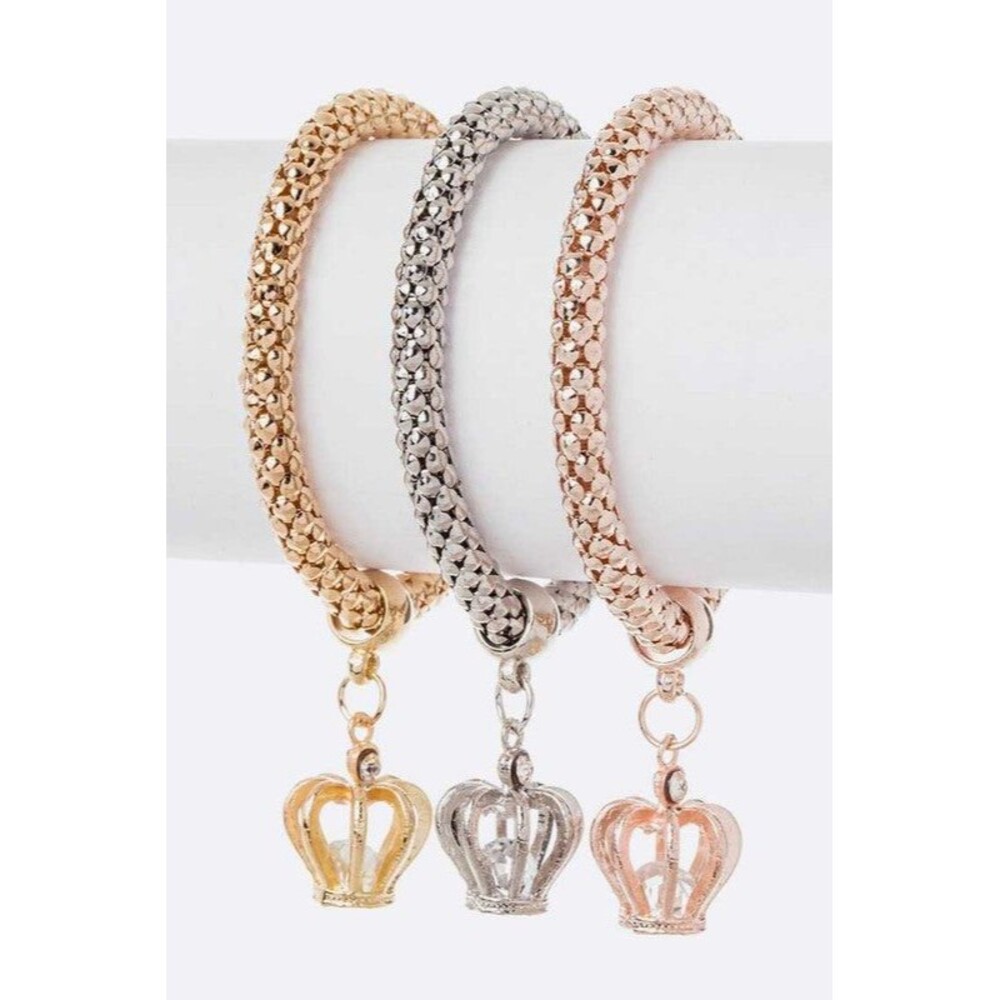 CZ Crown Charm Popcorn Bracelet Set